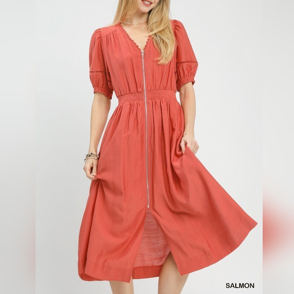 Umgee Women's sz Md Casual Unlined Zip-Front Smocked Waist Midi Orange Dress